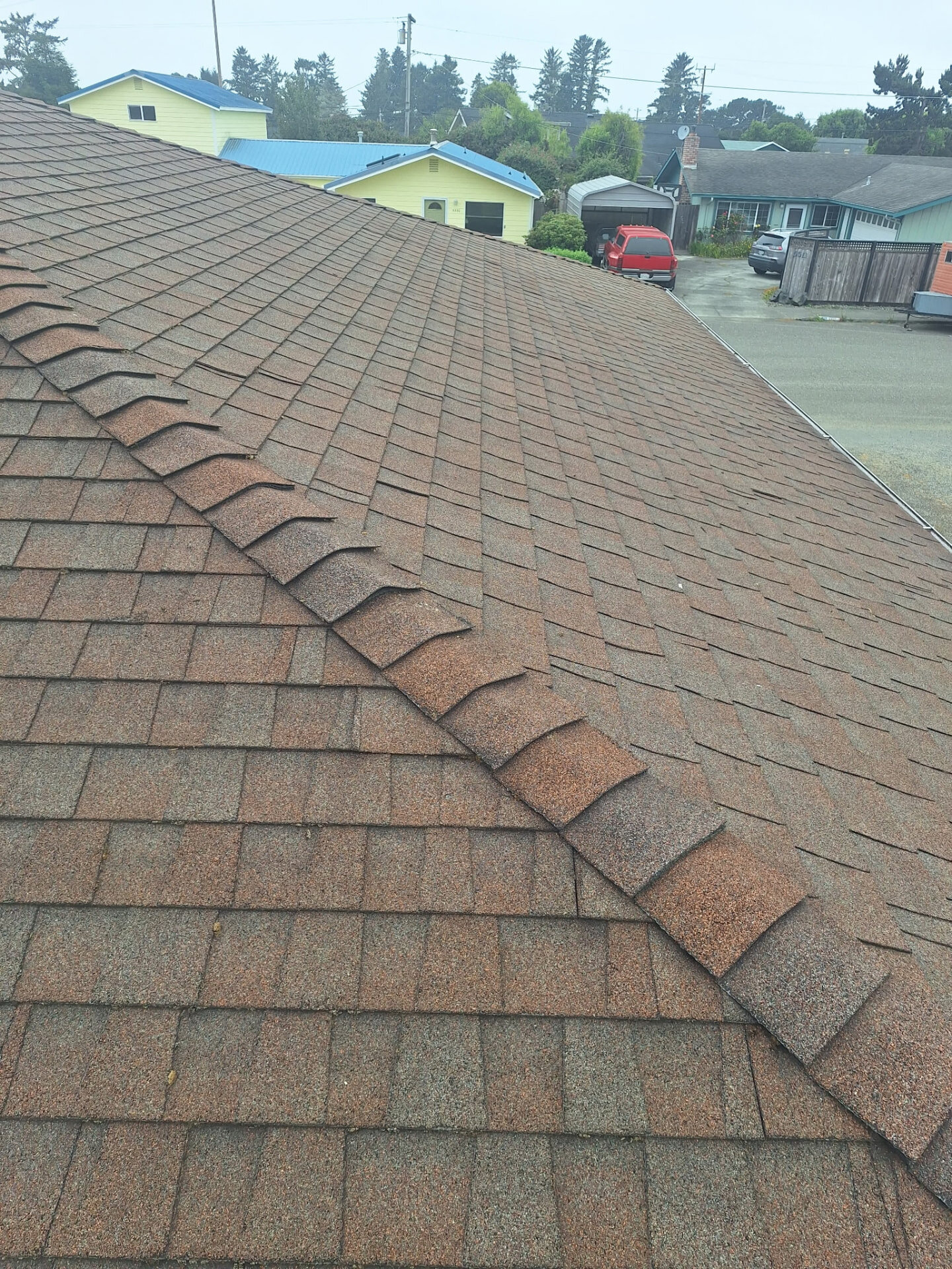 Freshly cleaned asphalt shingle roof overlooking a Humboldt County neighborhood